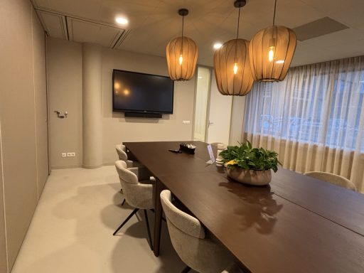 Moderne vergaderzaal met een lange tafel, stoelen, planten en hanglampen.